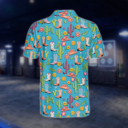 Cowboy Boots Cactus Mens Cyan Golf Polo Shirts, Western Golf Shirts GOF0252
