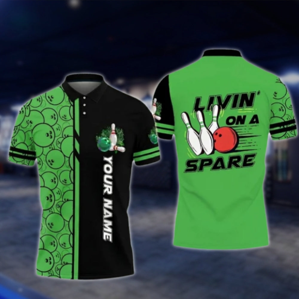Livin' On A Spare Custom Blue Black Mens Bowling Polo Shirt, Custom Funny Bowling Shirts BO0422 BOW0253