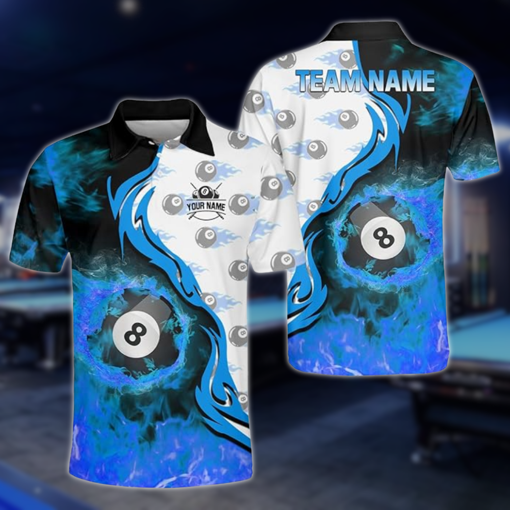 Custom Flame 8 Ball Billiard Men Polo Shirts, Custom Flame Billiard Shirts For Team BLD0253