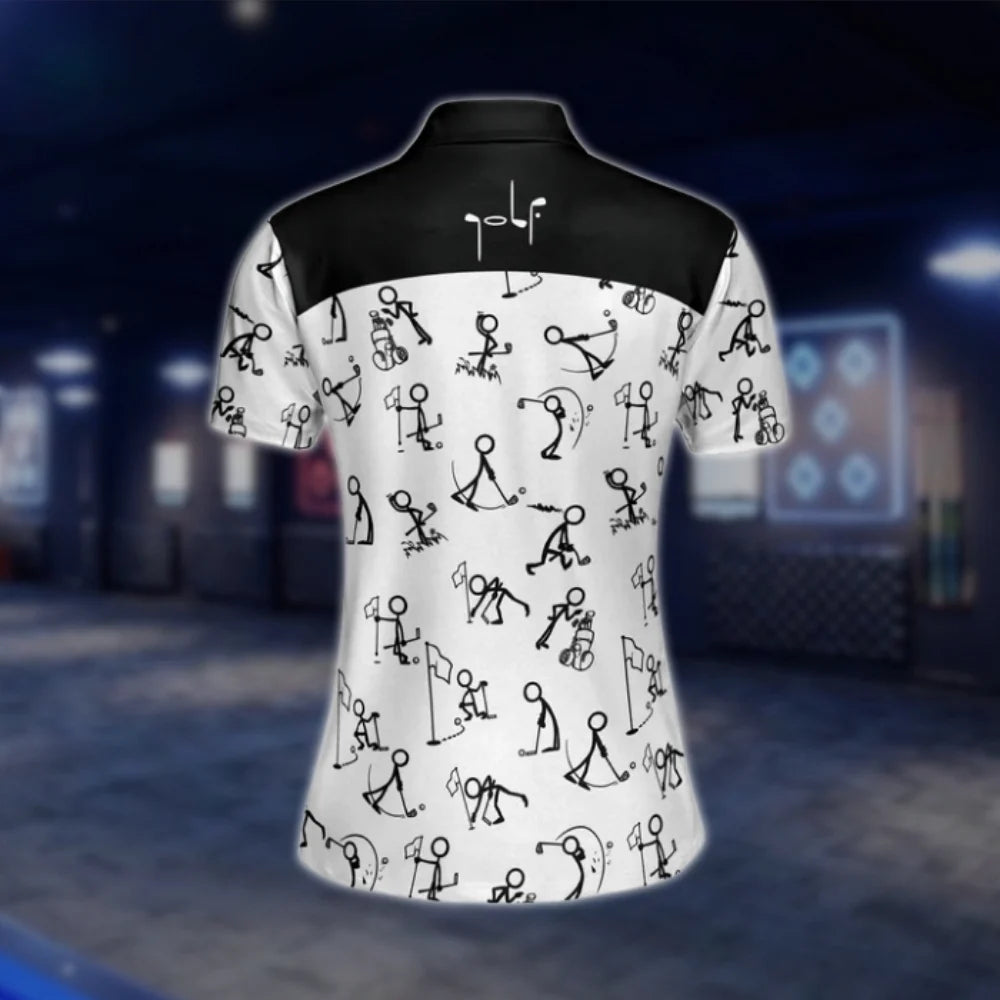 Stickfigures Funny White Black Golf Polo Shirts Women, Womens Funny Golf Shirts GOF0290
