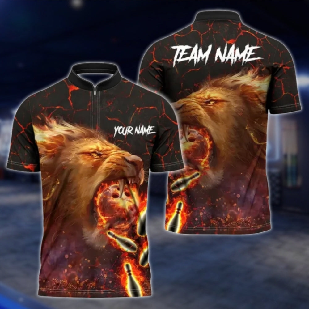 Personalized Lion Flame Blue Bowling Polo Shirt For Men, Custom Lion Bowling Shirt For Team BZ0731 BOW0186