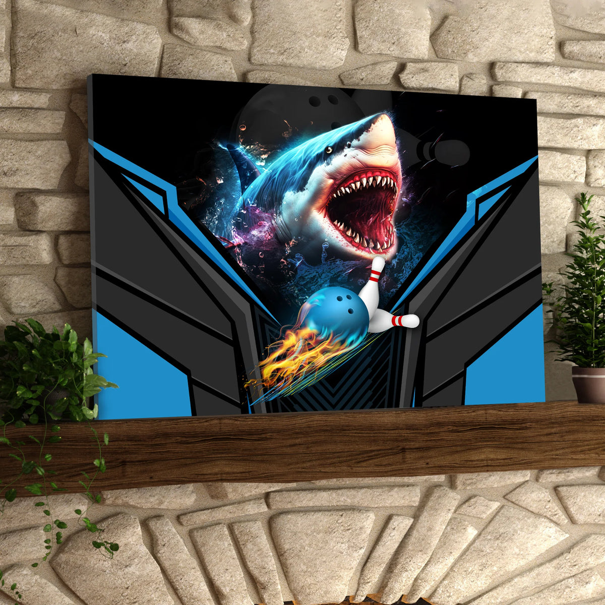 Shark Team Blue Bowling Ball Graphic Printed Canvas Bowl Game Living Room Decor Gift For Bowlers ORN0127