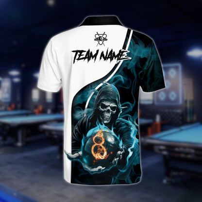Custom Skull 8 Ball Cyan Billiard Polo Shirt For Mens, Custom Skull Billiard Team Shirts BLD0231