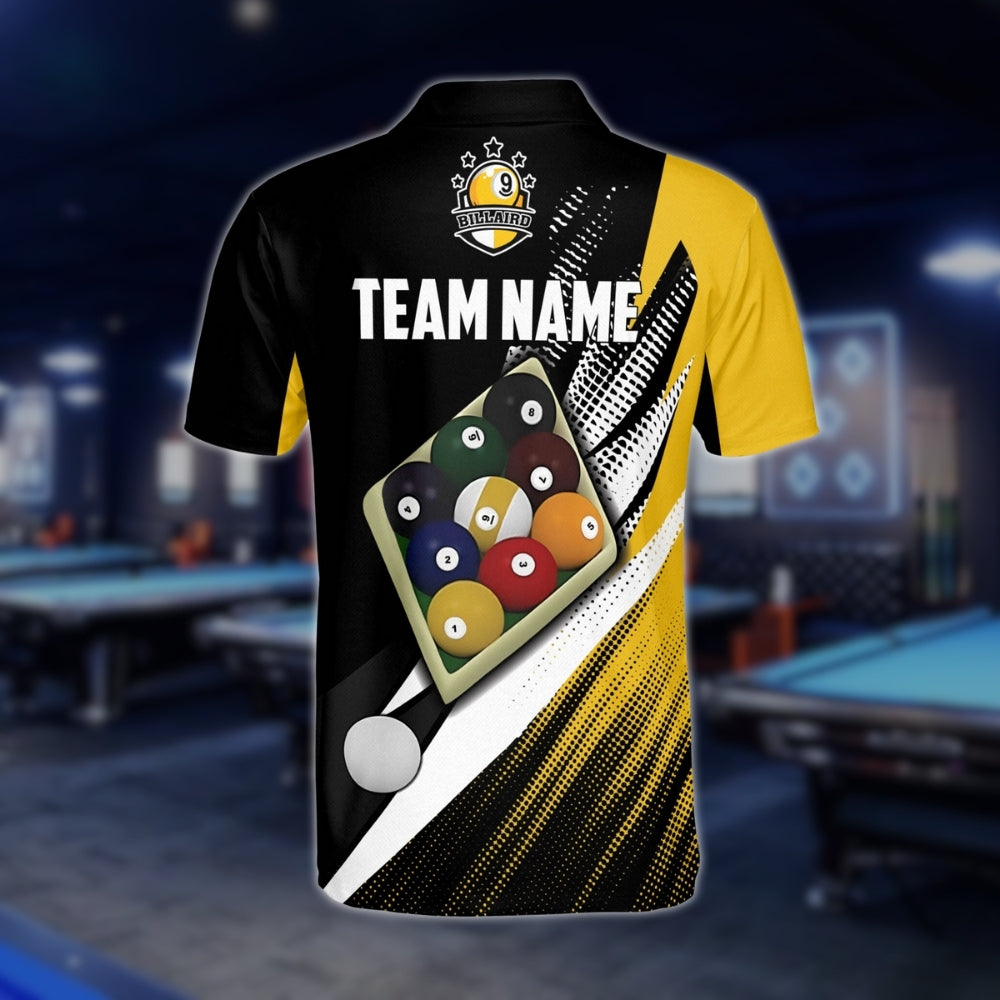 Custom Black Yellow 9 Ball Billiard Polo Shirt Men, Custom Team 9 Ball Billiard Shirts BLD0205
