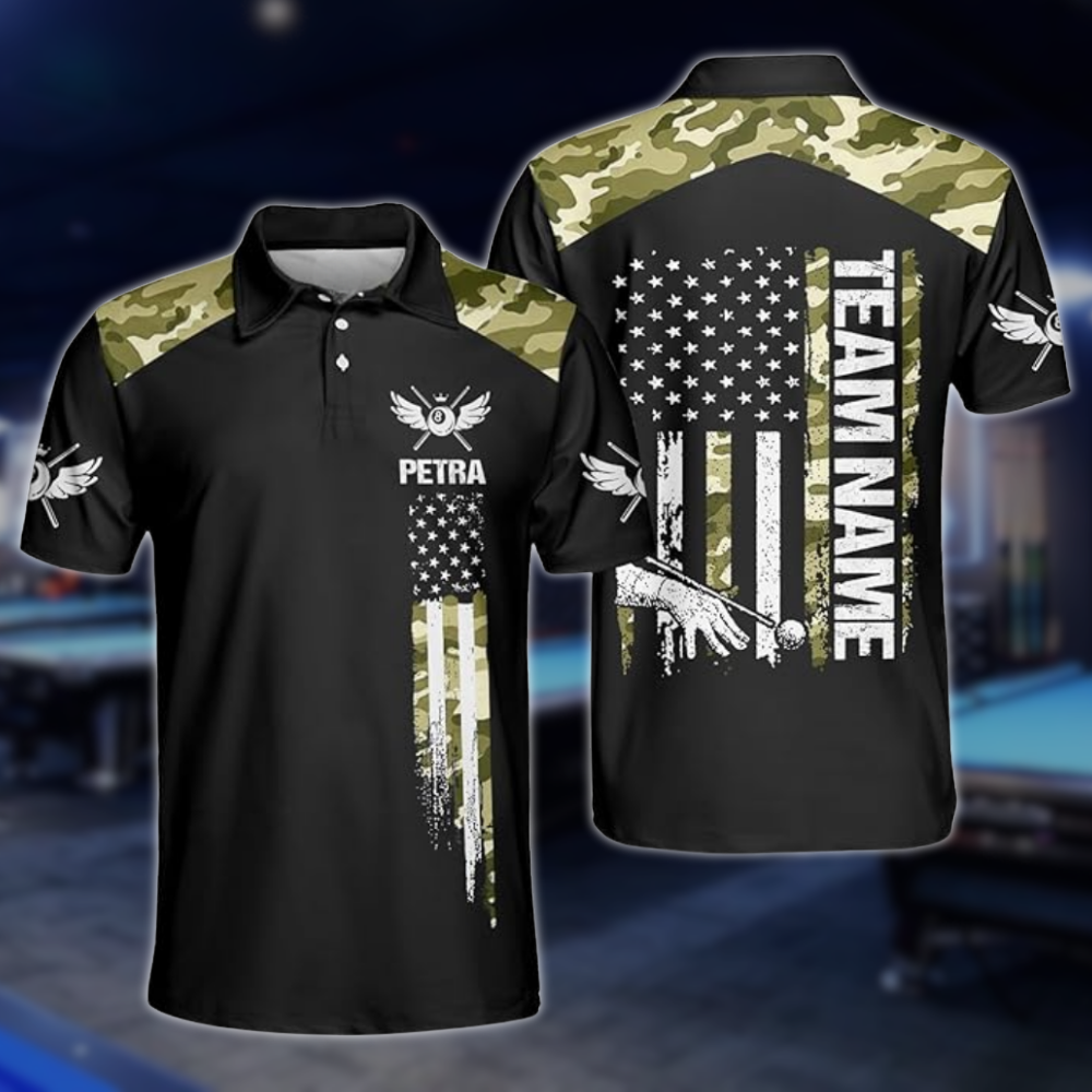 Custom Blue Camo USA Flag Billiard Men Polo Shirts, Custom Camo Patriotic Billiard Shirts For Team BLD0209