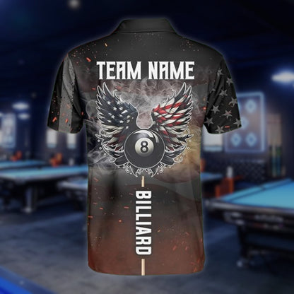 Custom American Eagle Flag 8 Ball Billiard Men's Polo Shirt, Custom Patriotic Billiard Shirts Team BLD0090
