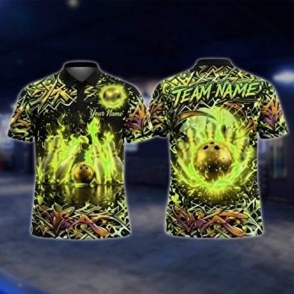 Custom Flame Graffiti Bowling Mens Polo Shirt, Custom Flame Bowling Team Shirts BZ0352 BOW0383