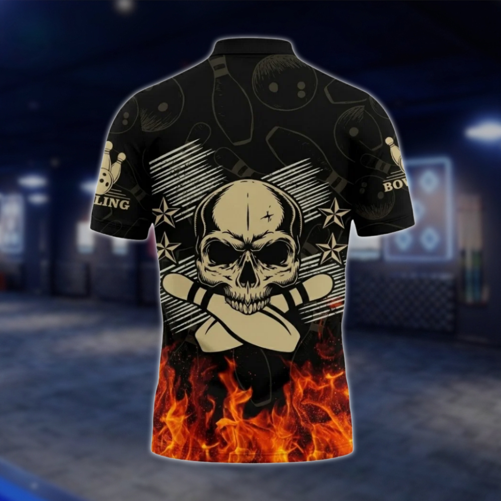 Personalized Skull Flaming Bowling Mens Polo Shirt, Custom Skull Bowling Shirt BZ0769 BOW0139