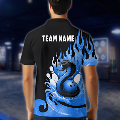 Persoanlized Snake Flaming Blue Bowling Men Polo Shirt, Custom Snake Bowling Shirt Team BZ0898 BOW0045