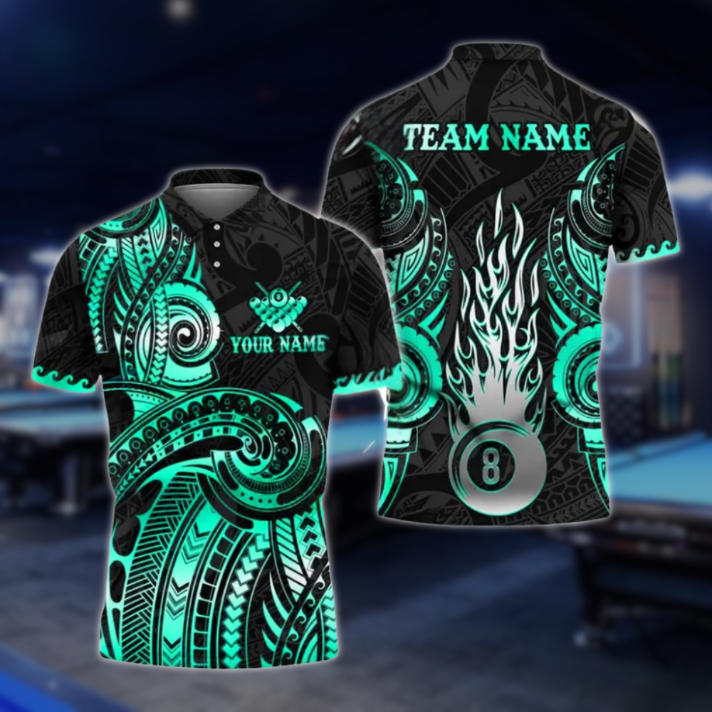 Custom Tribal Black And Grey 8 Ball Billiard Polo Shirt For Men, Custom Tribal Billiard Team Shirts BLD0009
