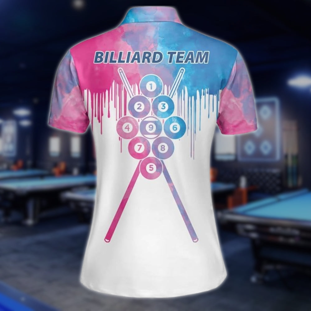 Custom Team Blue Pink Water Color Women's Billiard Polo Shirt, Custom Billiard Shirts For Ladies BLD0010