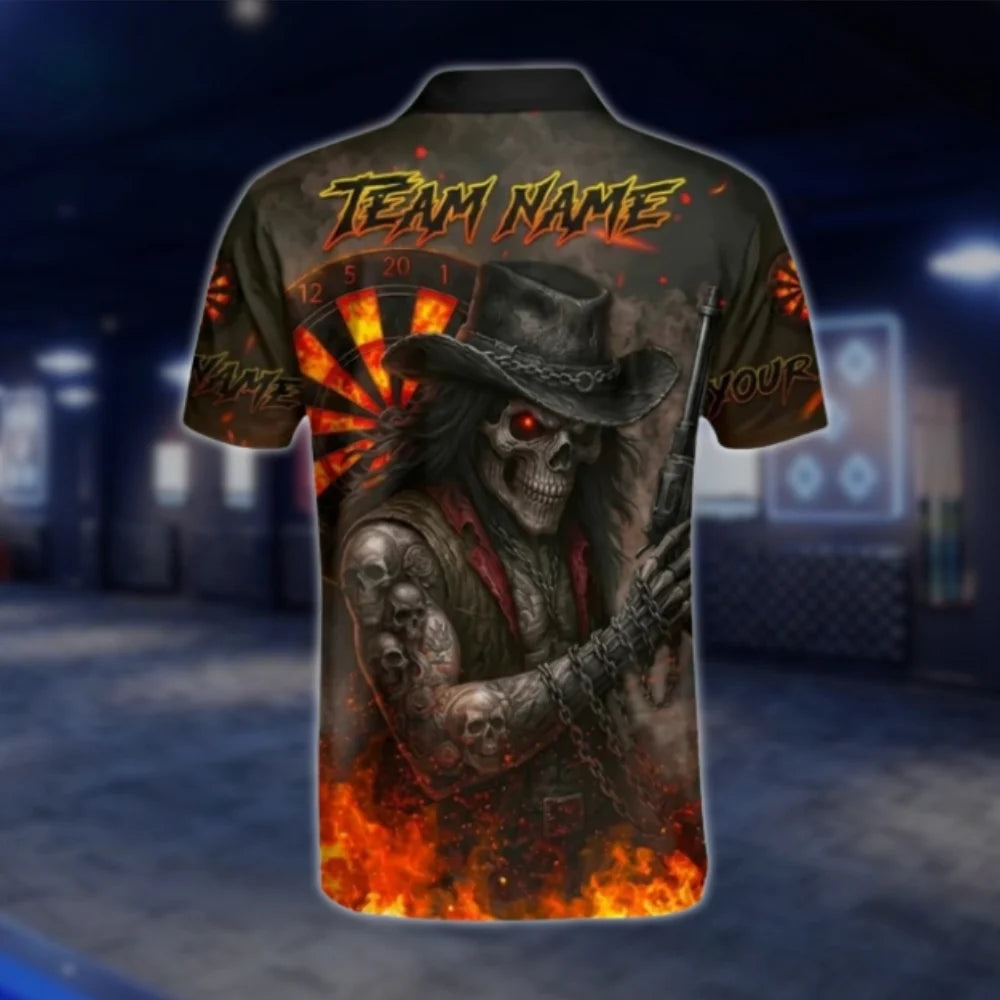 Reaper Skeleton Flaming Custom Mens Dart Polo Shirt, Custom Team Skull Dart Shirts DAT0275