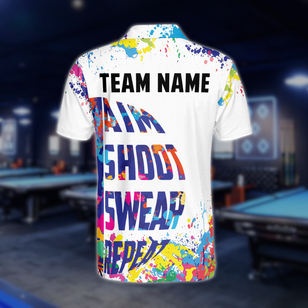 Aim Shoot Swear Repeat Custom Colorful 8 Ball Billiard Men's Polo Shirt, Custom Funny Billiard Shirts For Team BLD0113