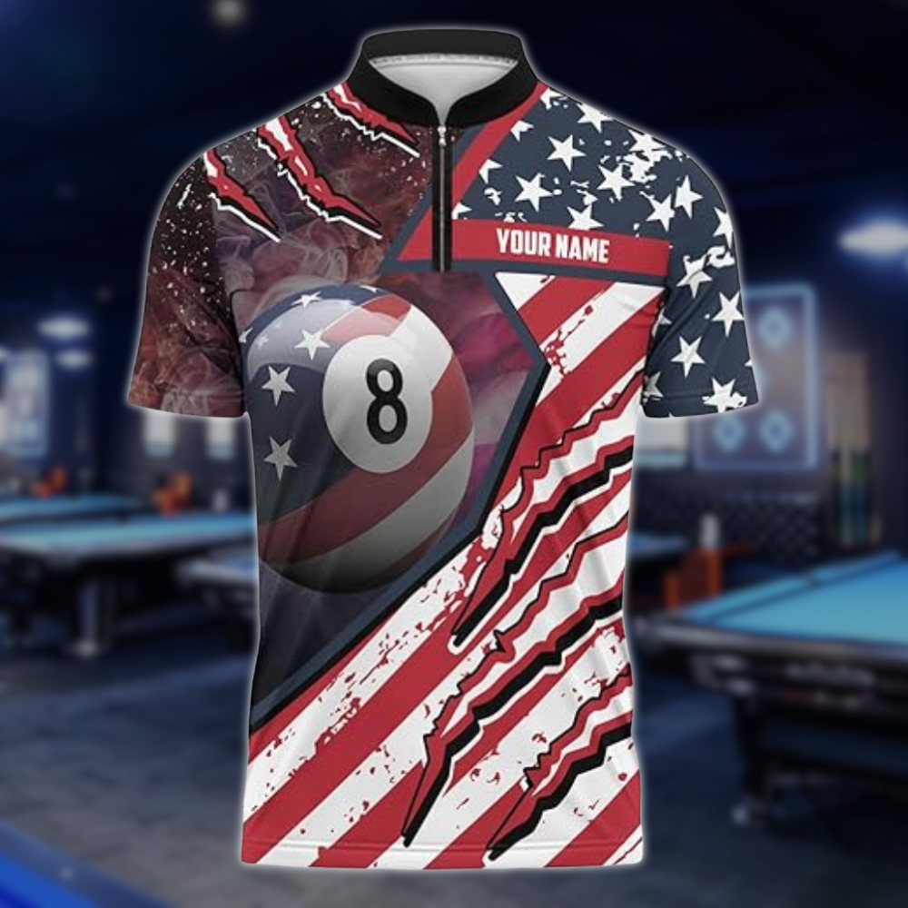 Custom 8 Ball American Flag Billiard Jersey For Mens, Custom Patriotic Pool Billiard Team Shirts BLD0251