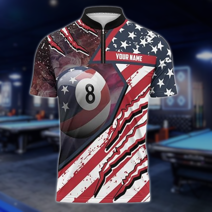 Custom 8 Ball American Flag Billiard Jersey For Mens, Custom Patriotic Pool Billiard Team Shirts BLD0251