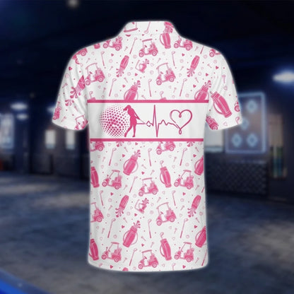 Men's Heartbeat Pink White Golf Polo Shirt, Pink Golf Mens Shirts GOF0023