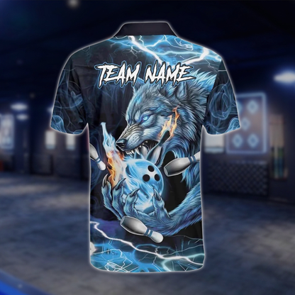Personalized Wolf Blue Bowling Mens Polo Shirt, Custom Wolf Team Bowling Shirt BZ0773 BOW0134