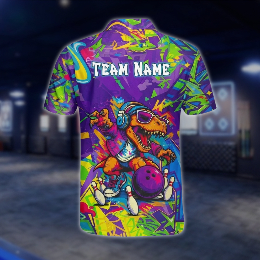 Personalized T-Rex Graffiti Bowling Polo Shirt For Men, Custom Dinosaur Bowling Shirt Team BZ0934 BOW0004