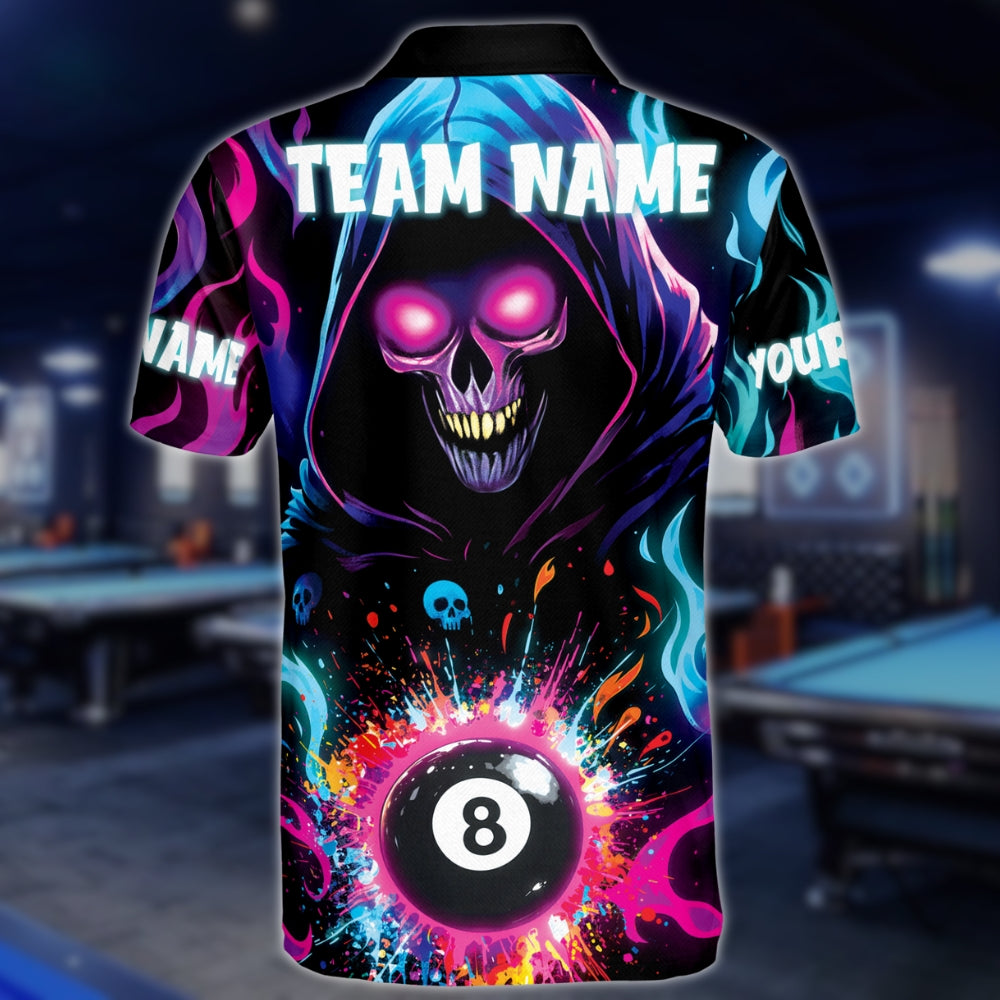 Men's Custom Colorful Skull 8 Ball Billiard Polo Shirts, Custom Skull Billiard Team Shirts BLD0143