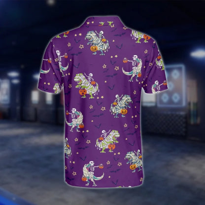 Dinosaur Skeleton Purple Mens Golf Polo Shirt, Halloween Golf Shirt For Men GOF0162