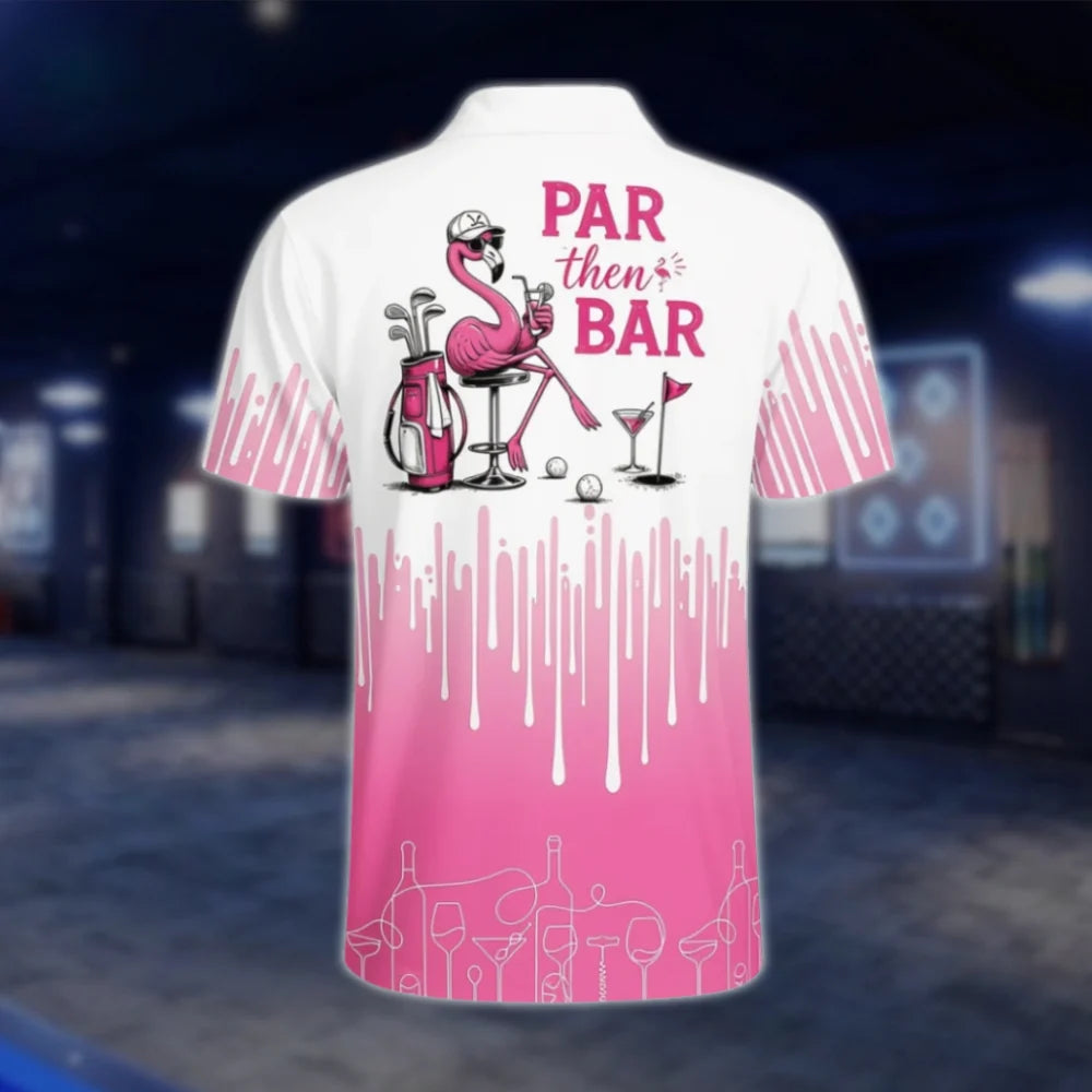 Par The Bar Personalized Mens Flamingo Golf Polo Shirt, Custom Flamingo Fun Golf Shirt GOF0071