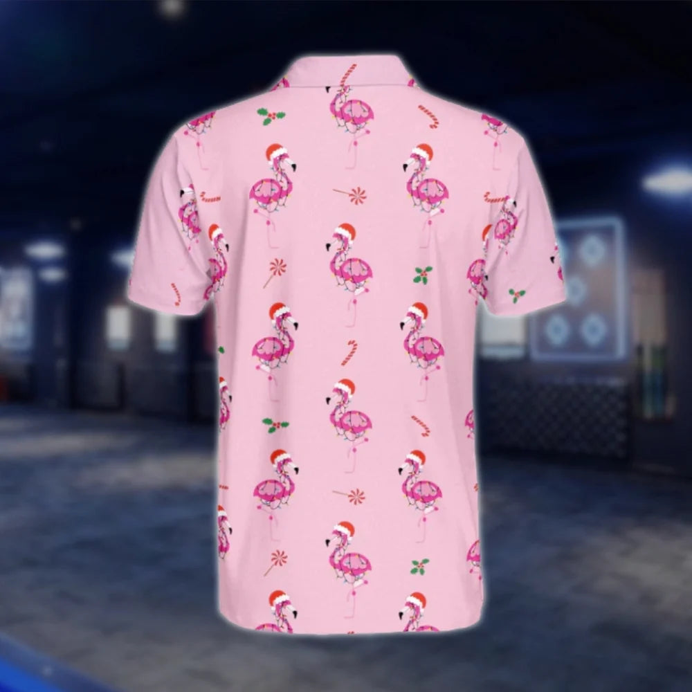 Flamingo Christmas Hat Golf Mens Polo Shirt, Flamingo Xmas Golf Shirt GOF0153