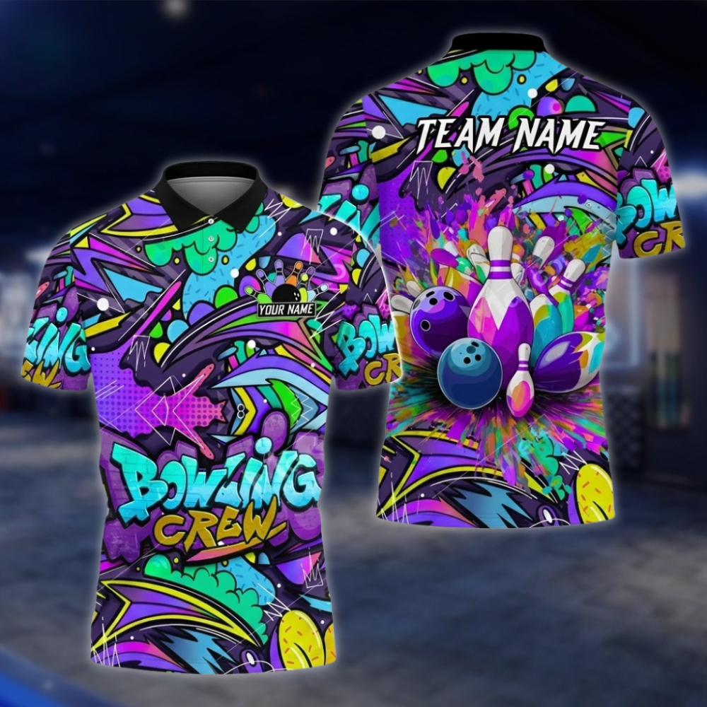 Personalized Graffiti Bowling Mens Polo Shirt, Custom Team Bowling Shirts BZ0857 BOW0091