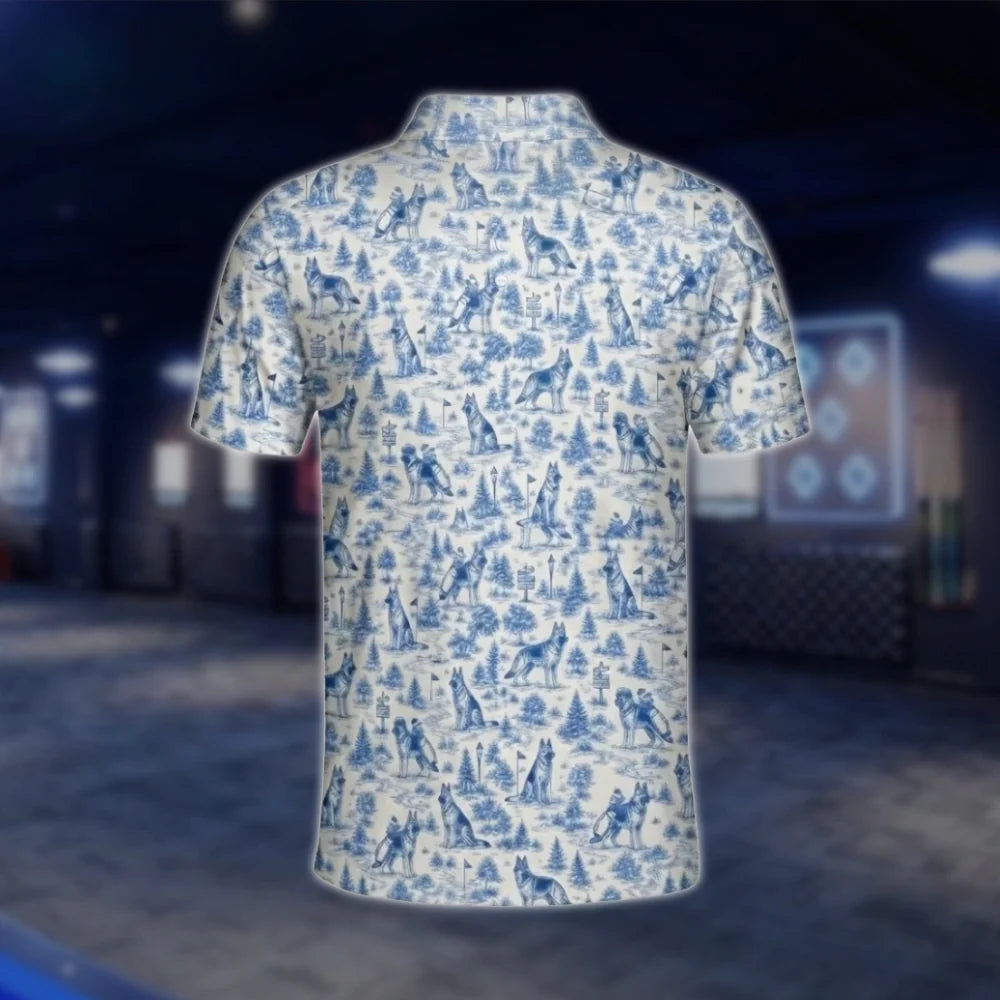 German Shepherd Vintage Mens Polo Shirt Blue White, German Shepherd Dog Golf Shirt Toile De Jouy GOF0033