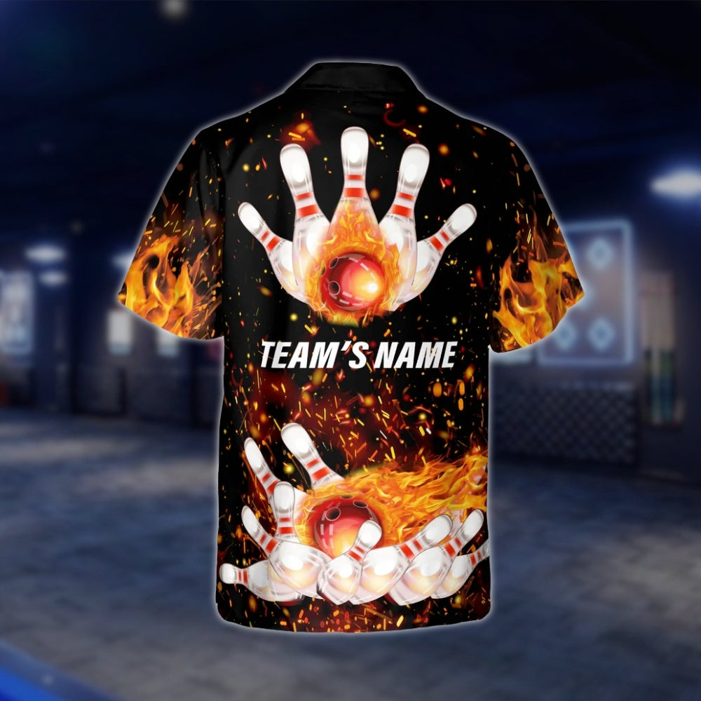 Custom Flaming Ball And Pins Bowling Hawaiian Shirt Mens, Custom Flame Bowling Shirts For Team BZ0139 BOW0290
