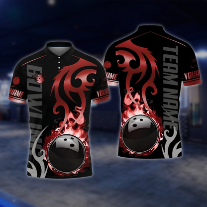 Personalized Flame Black Gold Bowling Polo Shirt, Custom Flame Bowling Shirt For Team BZ0905 BOW0038