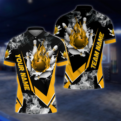 Personalized Mens Flaming Ball Bowling Polo Shirt, Custom Flame Bowling Shirt For Team BZ0811 BOW0145