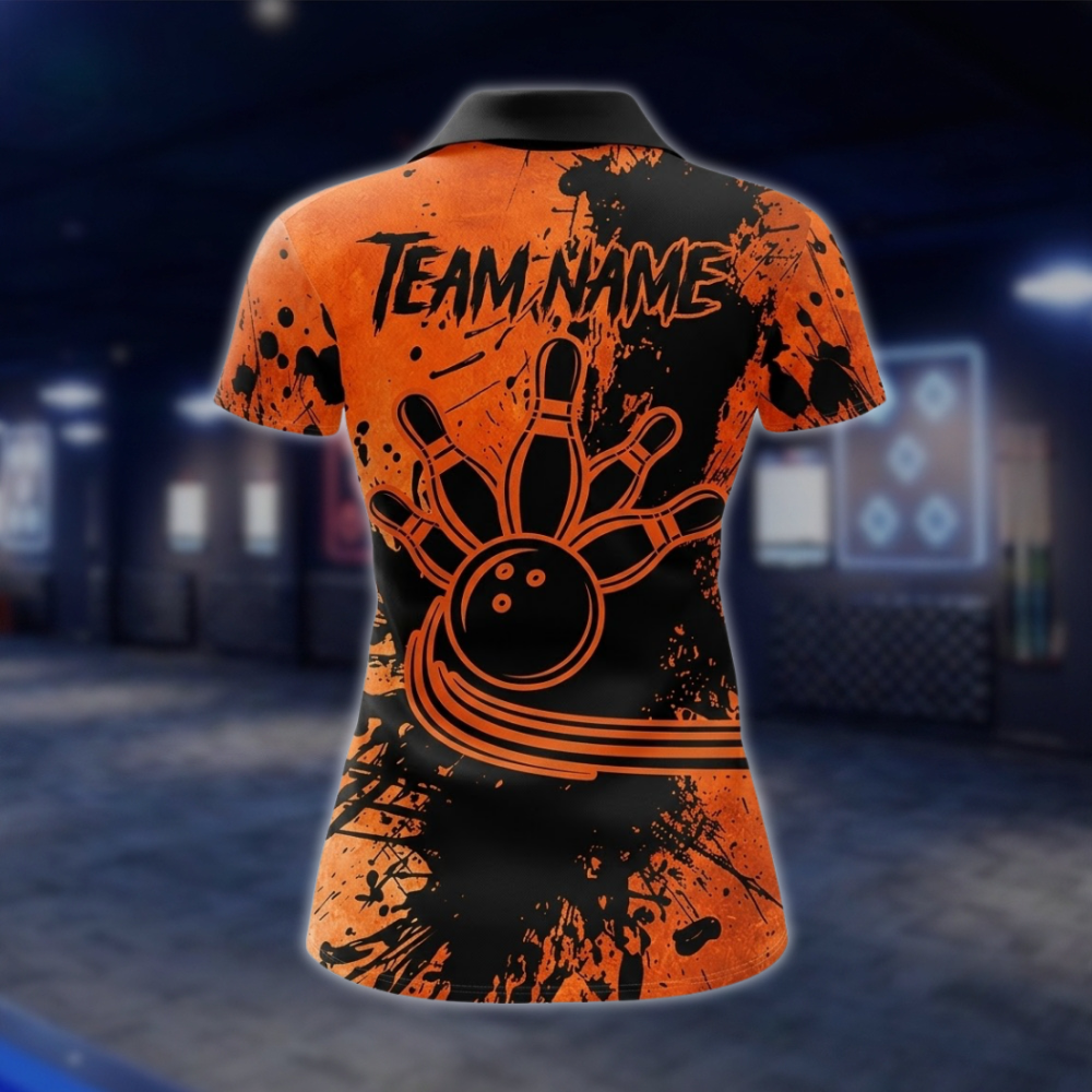 Personalized Women Orange And Black Polo Bowling Team Shirts, Custom Bowling Team ShirtsFor Ladies BZ0736 BOW0183