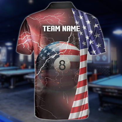 Custom USA Flag Thunder Lightning Billiard Men Polo Shirt, Custom Patrotic Billiard Team Shirts BLD0278
