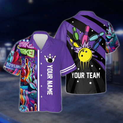Custom Retro Neon Blue Bowling Hawaiian Shirt Men Women, Custom Retro Bowling Team Shirts BE0016 BOW0365