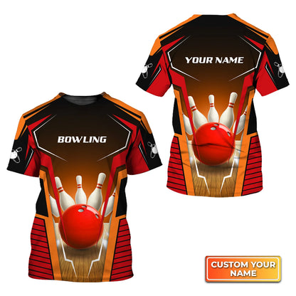 Mens Bowl Pin And Red Bowling Ball Personalized Name 3D Tshirt QB95 Gift For Bowler ORN0288