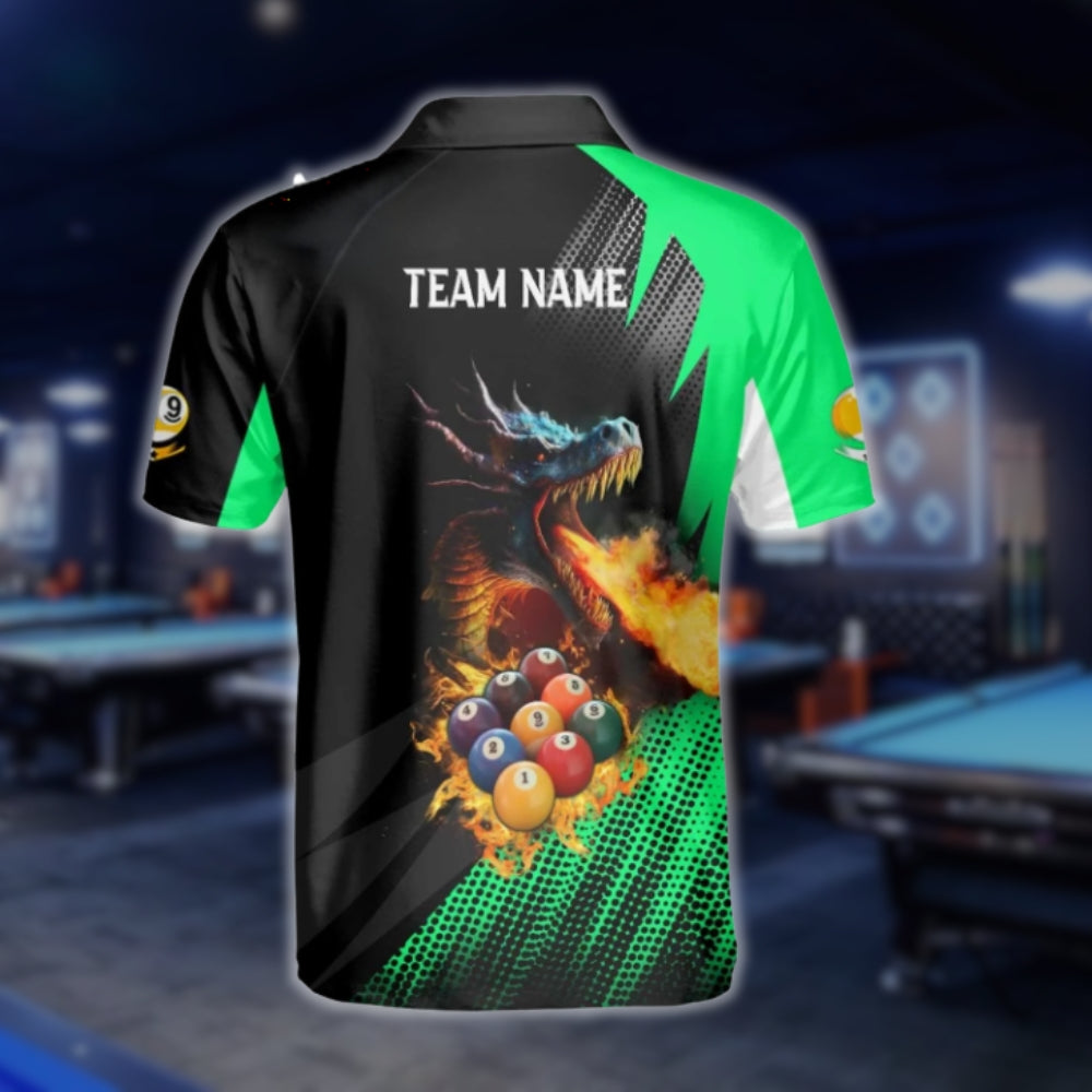 Custom Dragon 9 Ball Men's Billiard Polo Shirt Black Green, Custom Dragon Billiard Team Shirts BLD0037