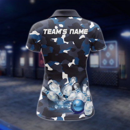 Custom Womens Camo Blue Bowling Polo Shirt, Custom Camo Bowling Team Shirt For Ladies BZ0486 BOW0280