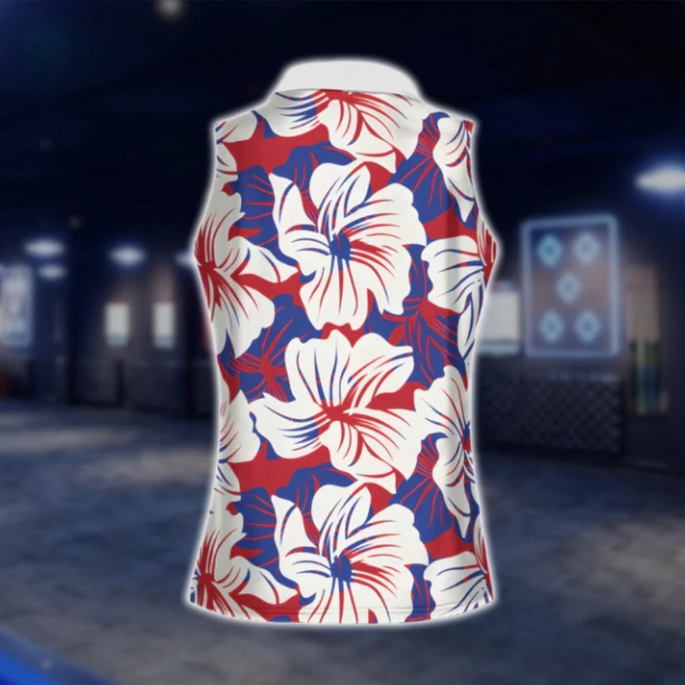 Hibiscus Flower Red White Blue Sleeveless Golf Shirt For Women, Floral Golf Shirt For Ladies GOF0108