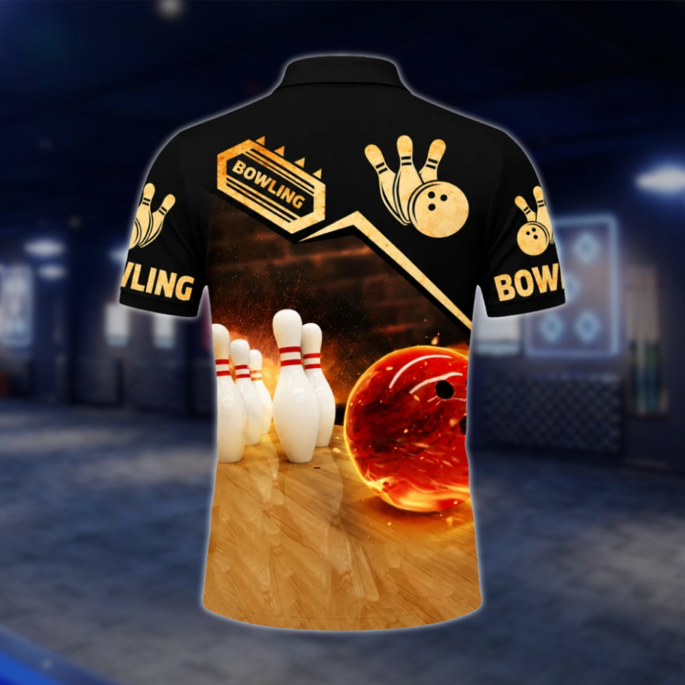 Personalized Flame Ball Bowling Mens Polo Shirt Black Gold, Custom Bowling Team Shirt BZ0801 BOW0106