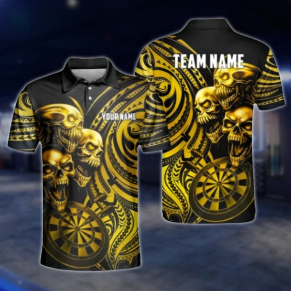 Custom Skull Tribal Cyan Dart Polo Shirt Mens, Custom Skull Dart Team Shirts DAT0238