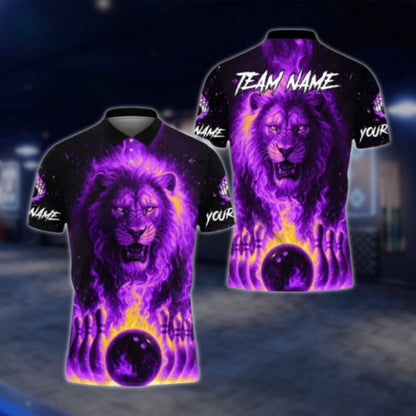 Lion Flame Custom Bowling Polo Shirt Mens, Custom Lion Bowling Shirts BE0167 BOW0381