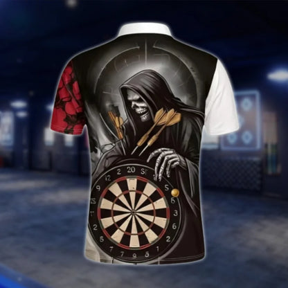 Custom Skeleton White Red Men's Dart Polo Shirt, Custom Skull Dart Team Shirts DAT0352