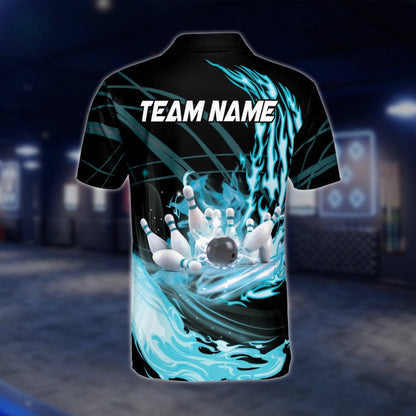 Custom Flame Cyan Bowling Mens Polo Shirt, Custom Team Flame Bowling Shirts BZ0241 BOW0228