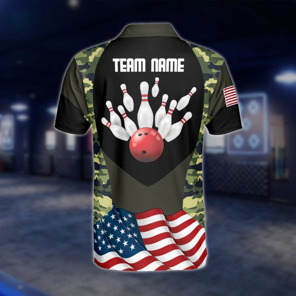Camo USA Flag Custom Mens Bowling Polo Shirt, Custom Camouflage Bowling Team Shirts BZ0195 BOW0483