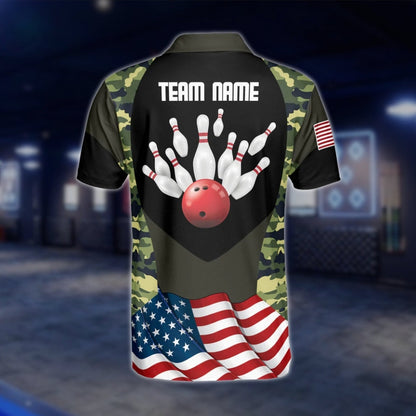 Camo USA Flag Custom Mens Bowling Polo Shirt, Custom Camouflage Bowling Team Shirts BZ0195 BOW0483