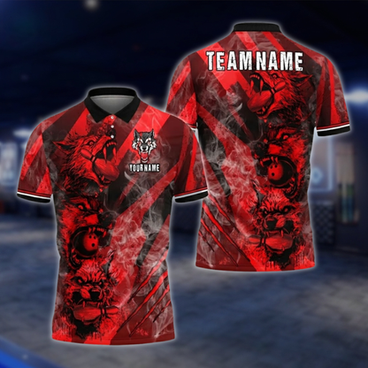 Personalized Wolf Mens Bowling Polo Shirt Blue Smoke, Custom Wolf Bowling Shirts For Team BZ0753 BOW0166