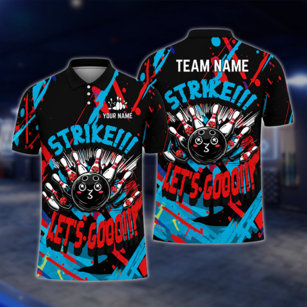 Strike Let's Go Custom Graffiti Red Yellow Bowling Polo Shirt Mens, Custom Funny Bowling Team Shirts BZ0477 BOW0411