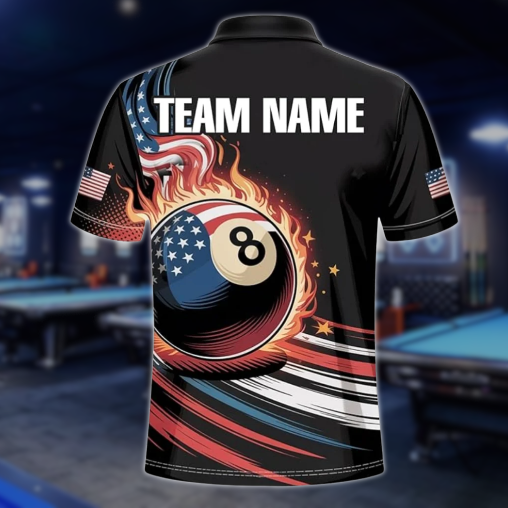 Custom American Flag 8 Ball Billiard Men Polo Shirts, Custom Patriotic Billiard Team Shirts BLD0186