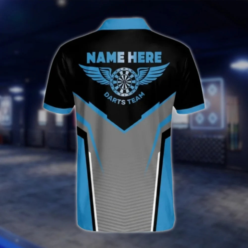 Personalized Team Blue Grey Black Darts Polo Shirt For Men, Custom Dart Team Shirts DAT0253