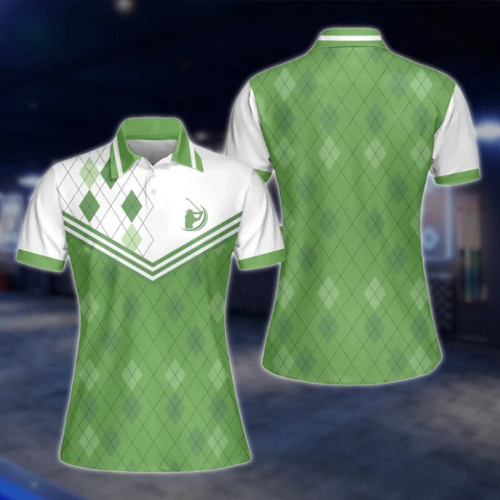 White And Green Argyle Matching Couple Golf Polo Shirts, Matching Argyle Golf Shirts For Men And Women GOF0176